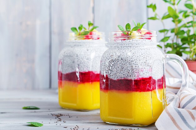 Chia seed pudding in jar with mango. Healthy breakfast. Sweet healthy dessert.