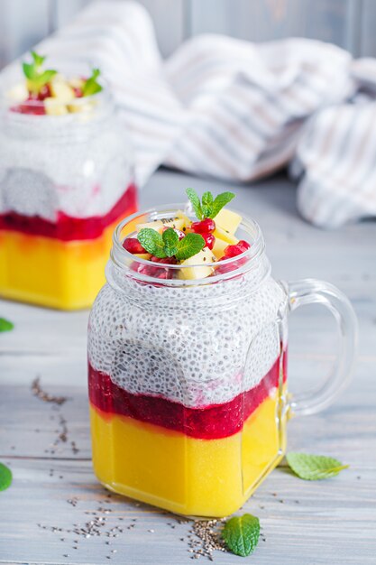 Chia seed pudding in jar with mango.