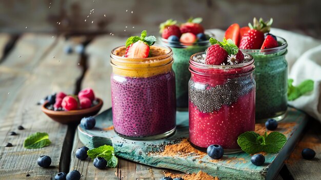 Photo chia seed pudding in jars with fresh berries and chia seeds on a wooden table