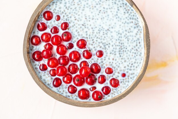 Chia seed pudding and red currant berries in a bowl