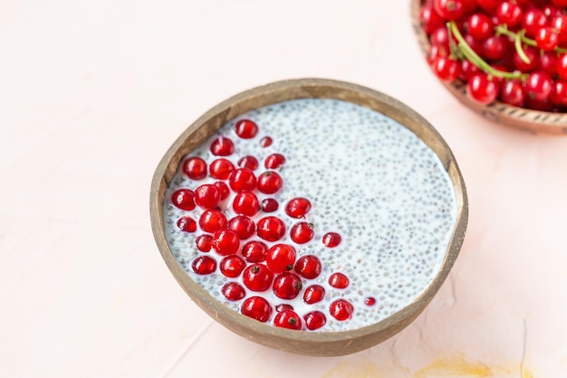 Chia seed pudding and red currant berries in bowl