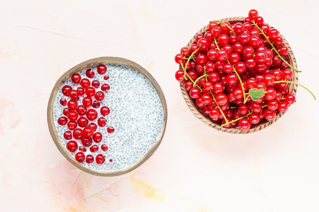 Chia seed pudding and red currant berries in a bowl