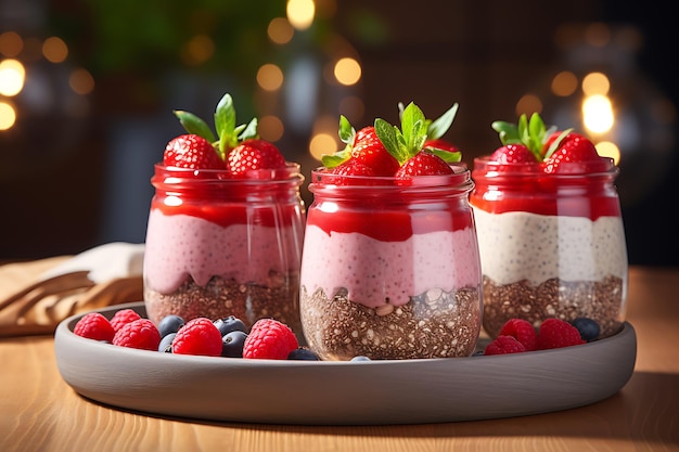 Chia seed pudding with fresh strawberries and raspberries in glass jars