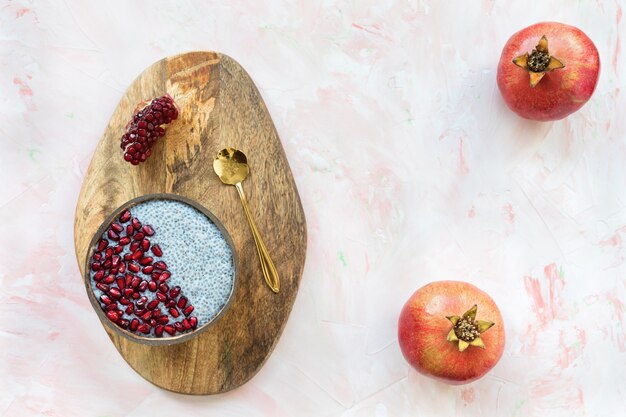 Chia seed pudding with pomegranate in a bowl