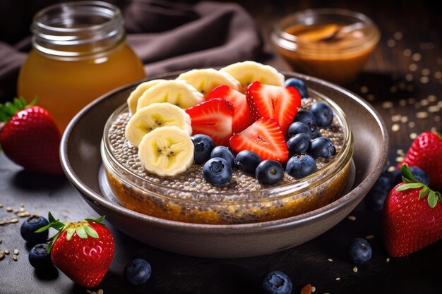 딸기 블루베리 바나나와 꿀을 곁들인 치아 씨 푸딩 귀리 그라놀라 열매와 우유를 곁들인 건강한 아침 식사 AI 생성