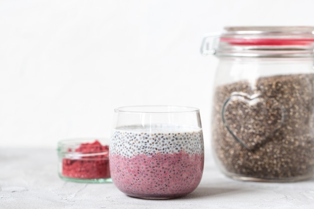 Chia seed pudding with yogurt and pink pitaya powder