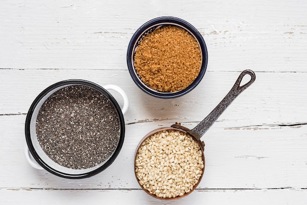 Chia seed on wooden board