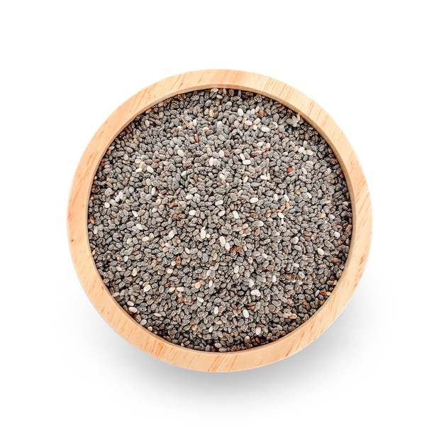 Chia seeds in bowl isolated on white background