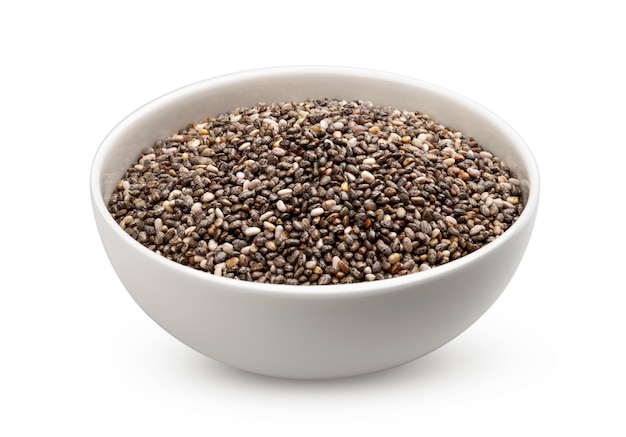 Chia seeds in bowl isolated on white