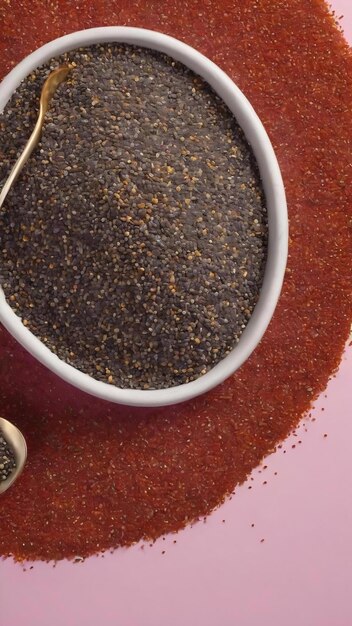 Chia seeds in bowl and spoon on colored background healthy salvia hispanica in small bowl healthy su