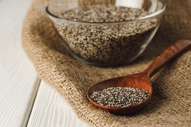 Chia seeds in a bowl with wooden spoon