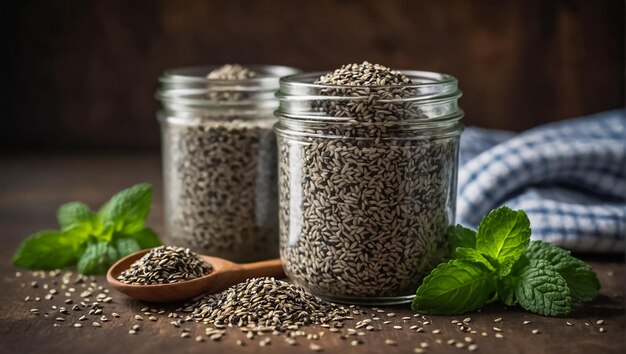 chia seeds in a glass jar in the kitchen