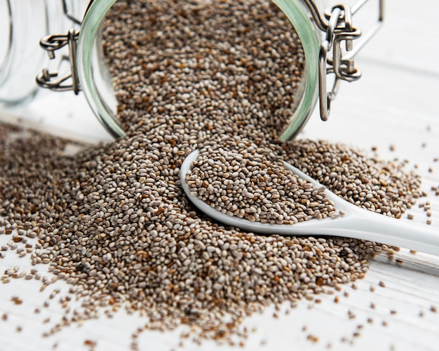 Chia seeds in glass jar and spoon