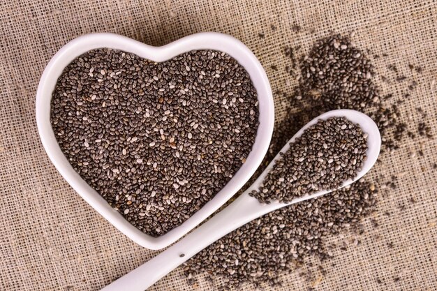 Chia seeds in a heart-shaped plate. Flat lay.	 