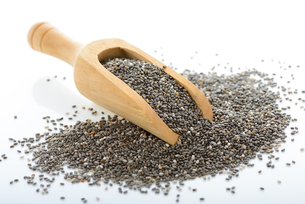 Chia seeds isolated with white background.