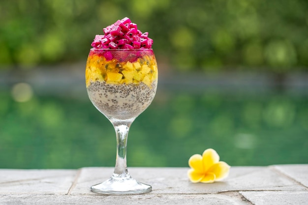 Chia seeds pudding with red dragon fruit passion fruit mango and avocado in a glass for breakfast on the background of the swimming pool water close up The concept of healthy eating