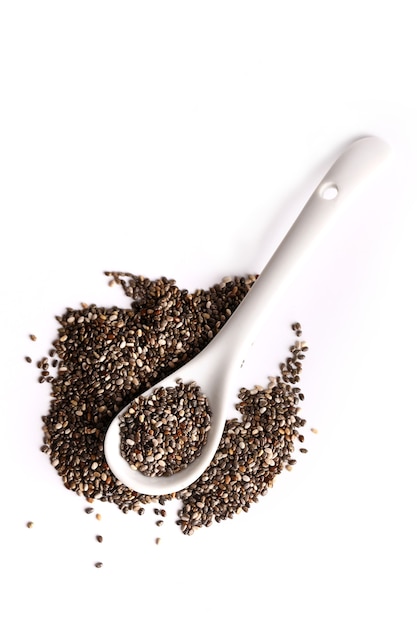 Chia seeds in a spoon isolated on white background