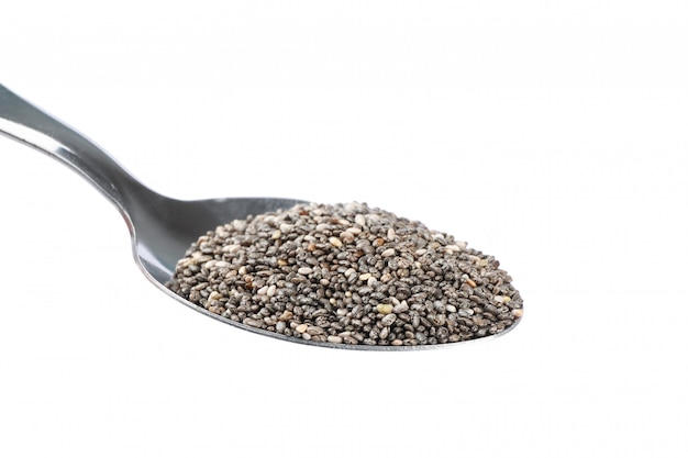 Chia seeds and spoon isolated on white