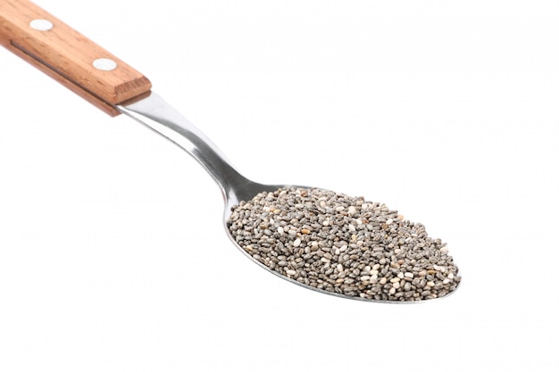 Chia seeds and spoon isolated on white