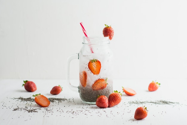 Chia seeds and strawberry water.