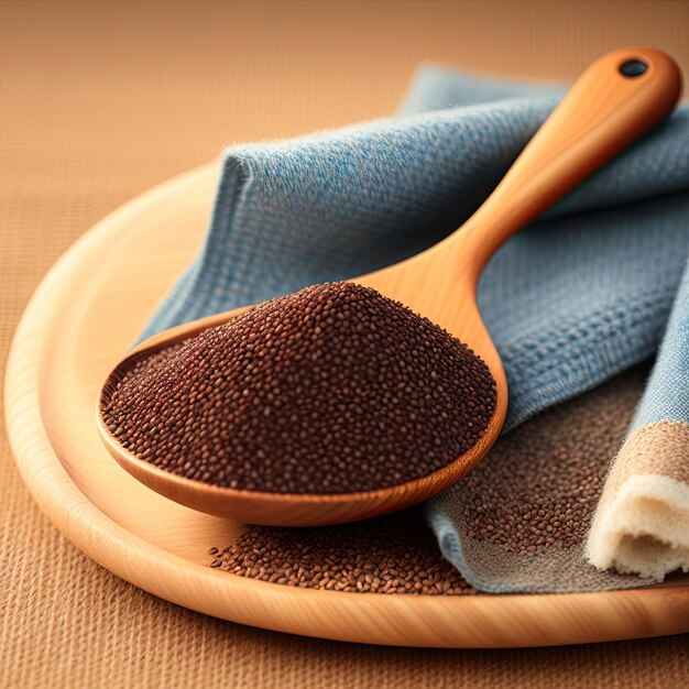 Chia seeds super food in wooden spoon on burlap background