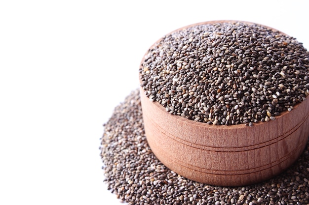 Chia seeds on a white background closeup food supplement superfood