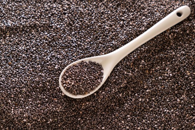 Chia seeds in a white ceramic spoon