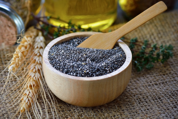 Chia seeds in wood bowl