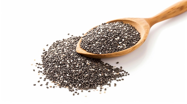 Chia seeds in wooden spoon isolated