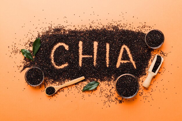 chia word made from chia seeds top view on colored background Healthy superfood
