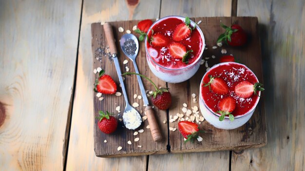 Chia yoghurt in cups met aardbeien en zaden