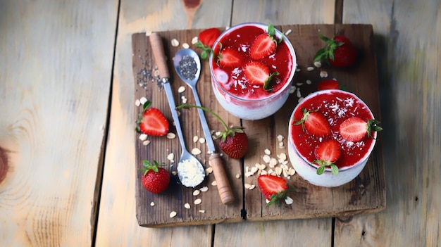 Chia yogurt in cups with strawberries and seeds