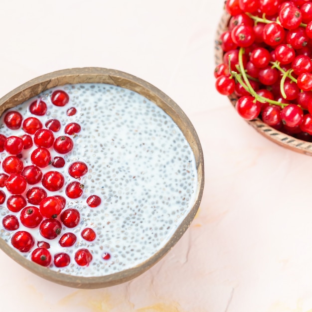 Chia-zaadpudding en rode aalbesbessen in een kom