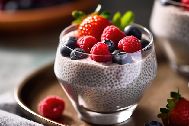 chia zaadpudding in keukentafel professionele reclame food fotografie