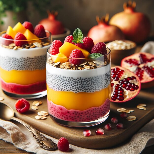 Chia-zaadpudding met mango- en frambooslaagjes Houten tafel