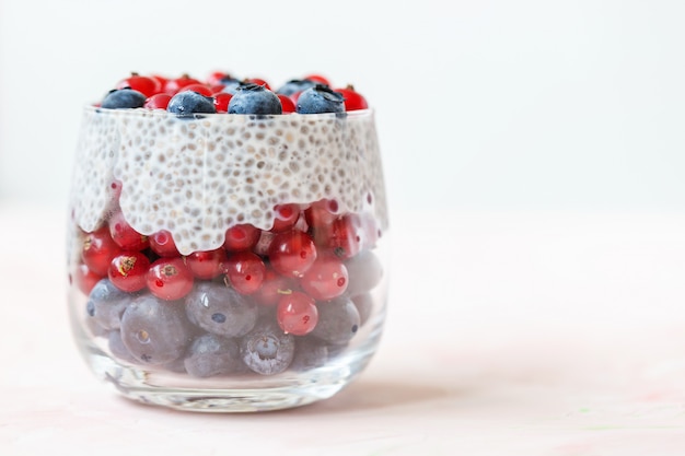 Chia zaadpudding met verse bosbessen en rode bes bessen in een glas. Superfood en veganistisch eten concept. Kopieer ruimte,