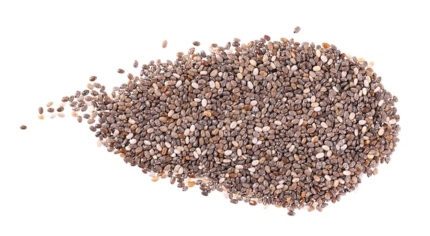 Chia zaden geïsoleerd op een witte achtergrond gezonde superfood close-up macro van kleine biologische chia zaden