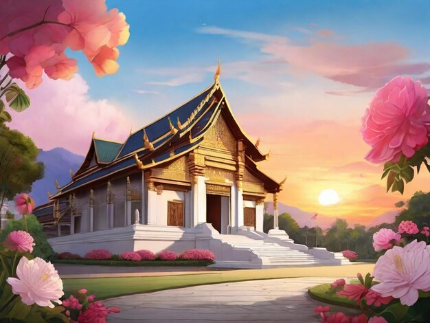 Chiang mai illustratie van Chiang mai tempel met bloem zat zonsondergang kleurrijke echte im