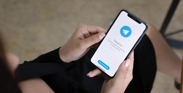 CHIANG MAI THAILAND JUN 1 2020 Telegram application icon on Apple iPhone Xs screen closeup Telegram app icon Telegram is an online social media network Social media app