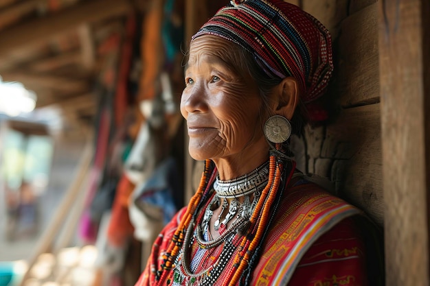 Chiang Rai Provincie Thailand Portret van Karen Long Neck Vrouw in Hill Tribe Village