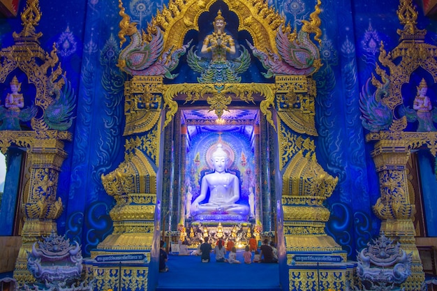 Chiang Rai, Thailand - 25 July 2020: Beauty of Blue Temple or Rong Suea Temple at dusk. Chiang Rai Province, Thailand