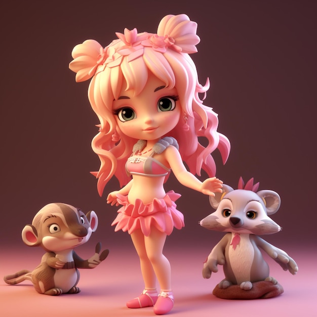 chibi 황갈색 피부의 3D 캐릭터 버전 바비 검은색과 보라색 머리 동물 croosing 게임에서 영감을 얻었습니다.