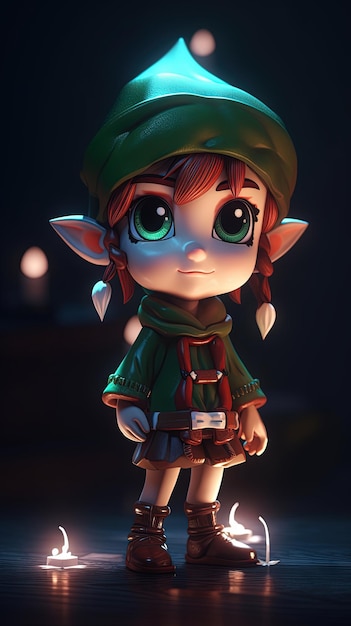 Chibi art 3D glowing light nft styleCute Christmas elf in a green hat with a garland