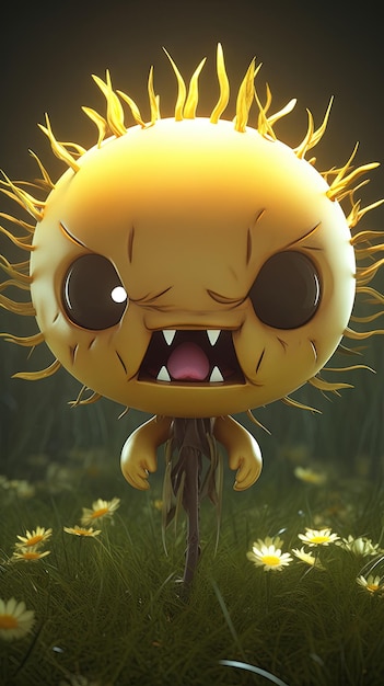 Chibi art 3d illustration of angry kawaii sunflower meadow Nft style