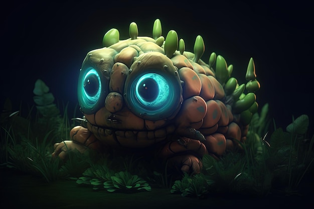 Chibi art glowing light nft style 3D illustration of a stone monster with neon eyes in the grass