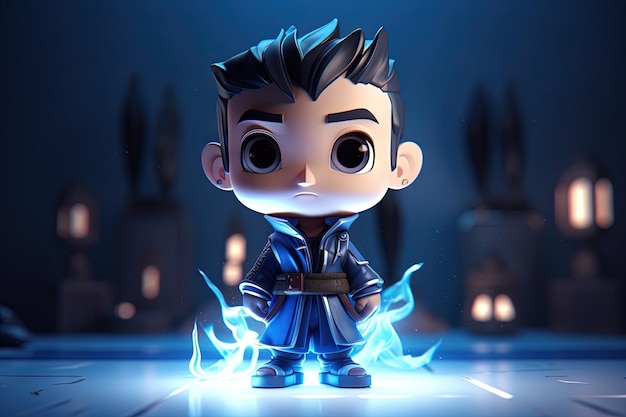 Chibi art glowing light nft style 3D rendering of a boy in a blue costume with a blue flames on the background