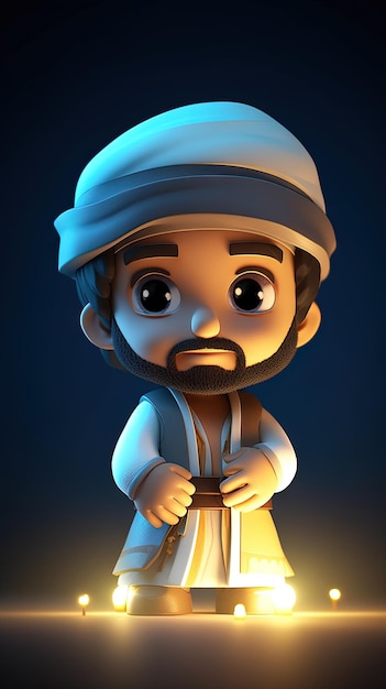 Chibi art Glowing light nft style Muslim man with lanterns in the dark background 3d illustration