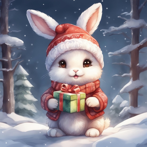 Foto la gioia festosa della sorpresa invernale di chibi bunny