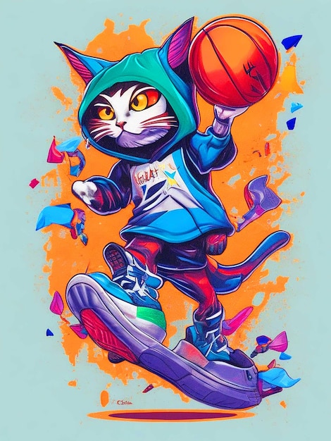 Chibi capuchon kat vector tshirt kunst klaar om te proberen om een dunk schot te maken spelen basketbal