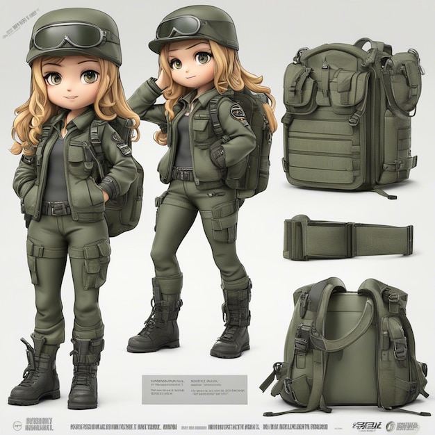 バックパックを使用してガン ジャケットを着たちび漫画 tyle3D ブラジル軍キャラクターの女の子